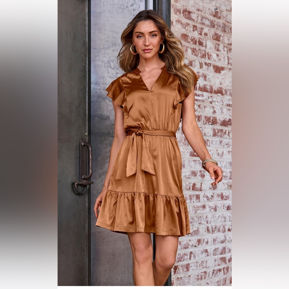 Boston Proper Tie waist ruffle detail Charmeuse Dress